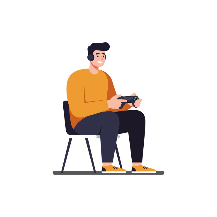 Vector young man playing video games in a chair flat design vector art