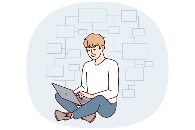 Young man programmer sits crosslegged on floor with laptop on lap and creates apps