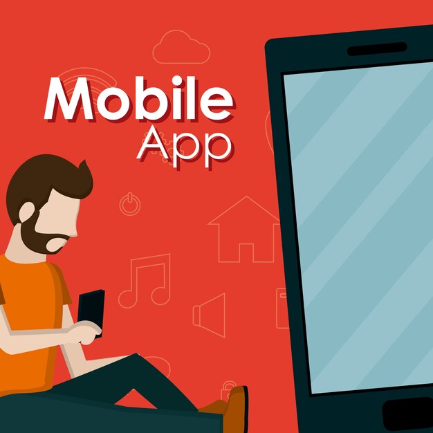 Young man seated and using smartphone mobile apps 