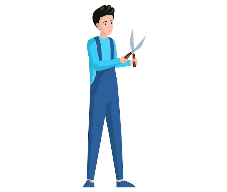 Vector young man standing with garden shears isolated on white background gardener or worker in jumpsuit with foliage scissors guy cares for garden male character holding scissors to cut bushes