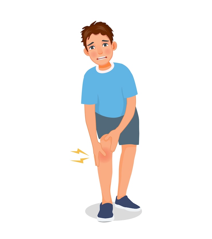 Vector young man suffering from knee pain holding his injured leg while exercising
