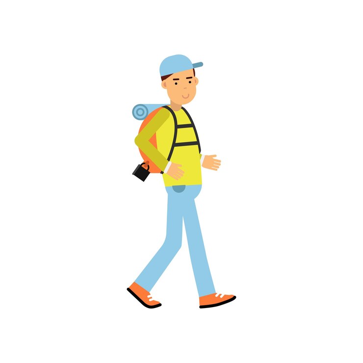 Vector young man traveler walking with hiking backpack on his shoulders. cartoon tourist character in casual outfit and cap. outdoor recreation, summer vacation concept. isolated flat vector illustration.