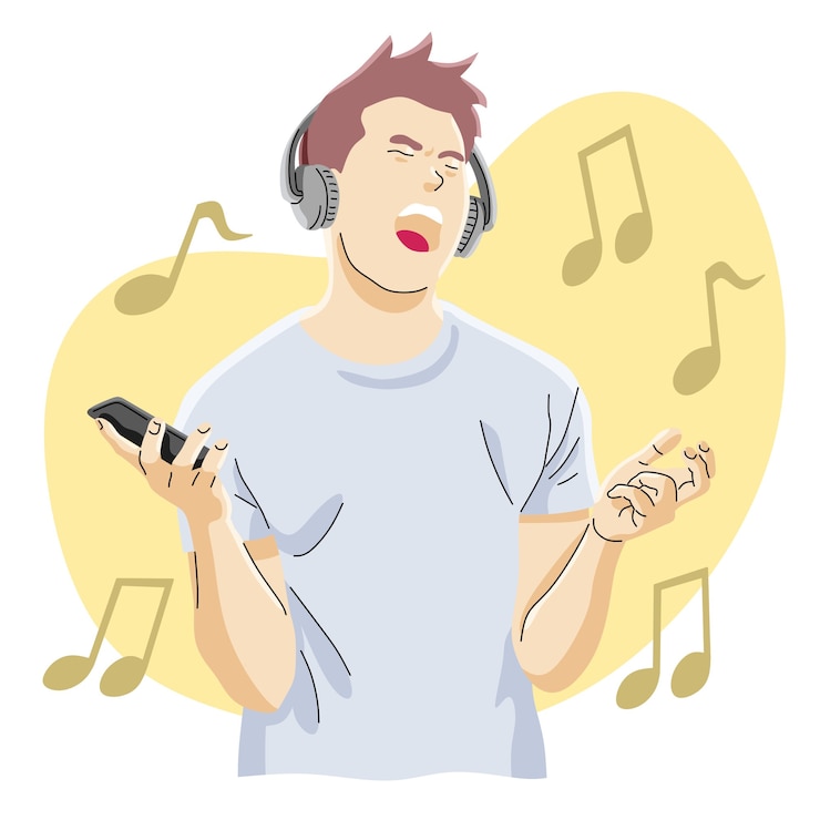 Vector young man wearing headphones singing and screaming while listening to music from smartphone