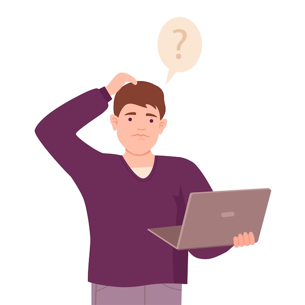 Young Man with Laptop Scratching His Head Thinking or Making Decision Vector Illustration