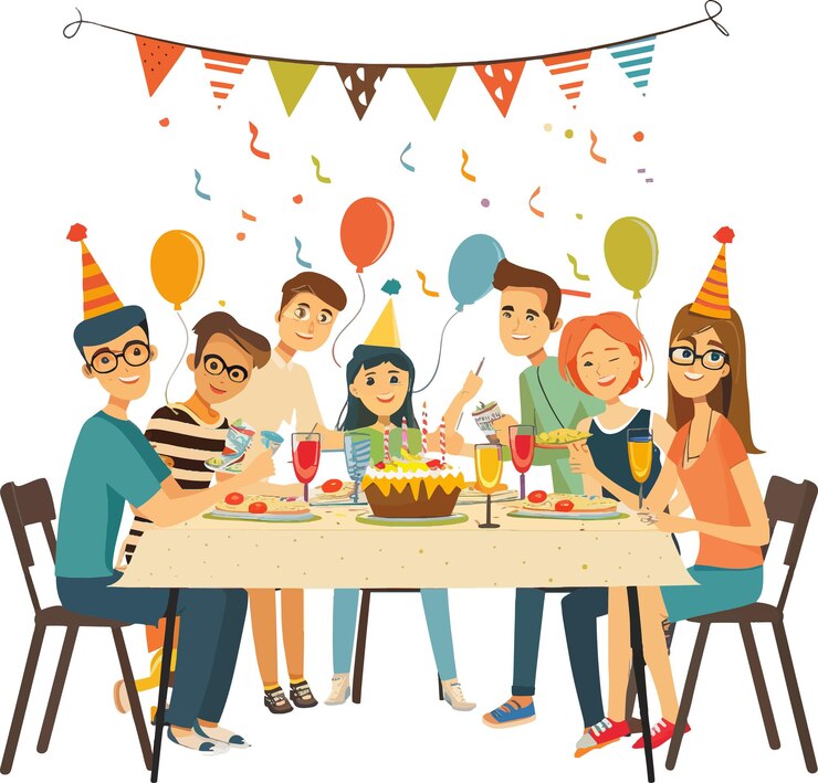 Vector young people celebrate birthday party at dinning tableflat illustrationui illustrationminimalism