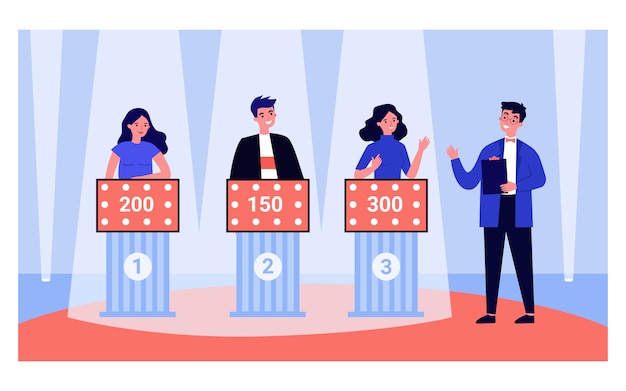 Young people playing television quiz game