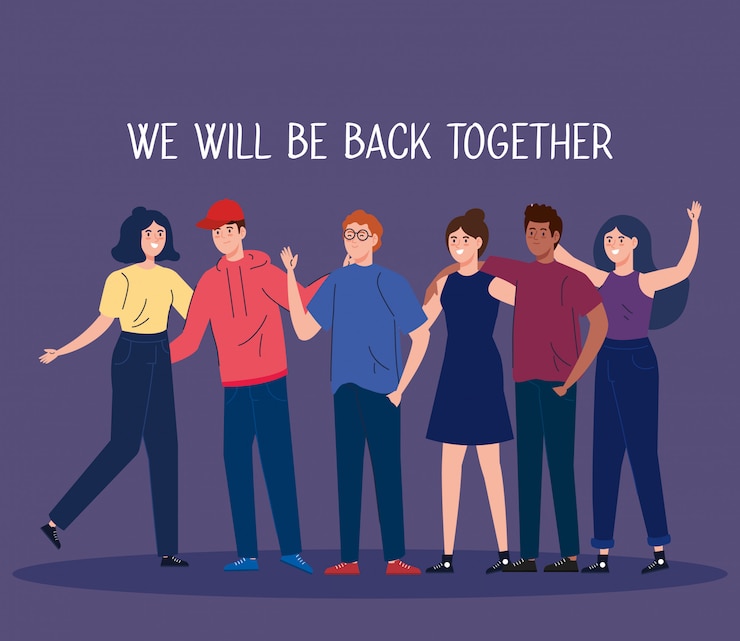 Vector young people with label of we will be back together