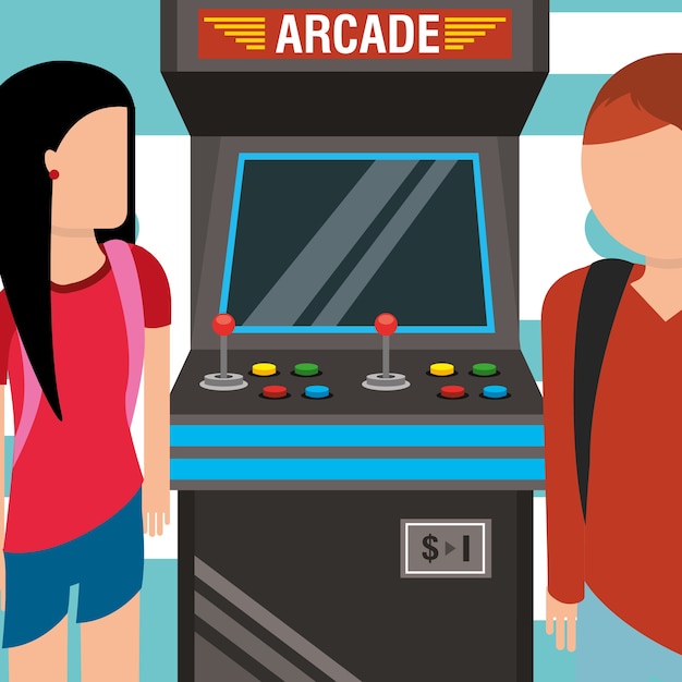 young people with video game arcade machine