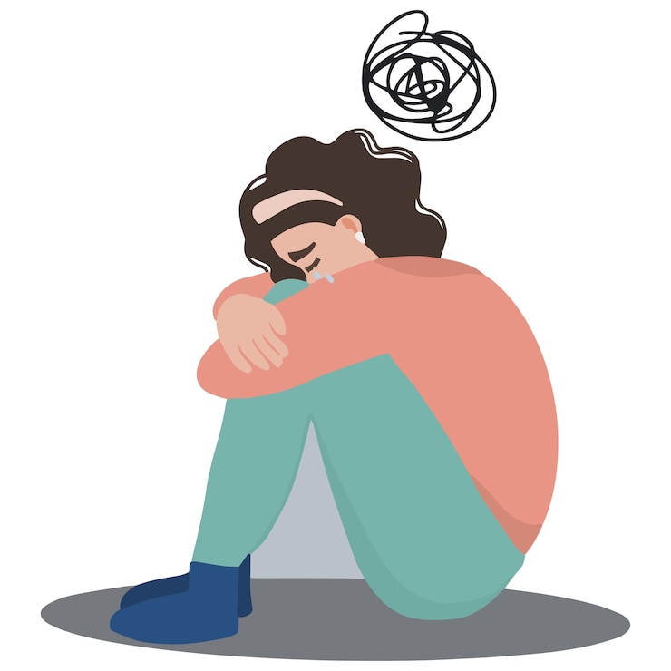 Vector young pretty woman sad depression anxiety mental health crying illustration