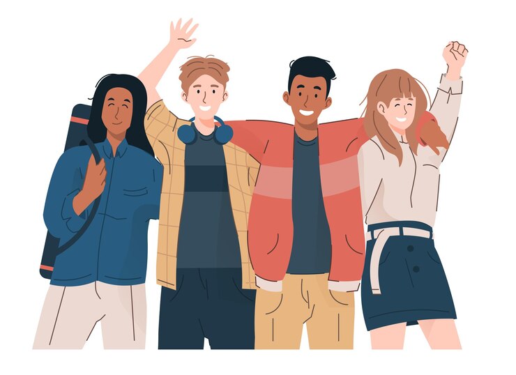 Vector young students in casual clothes embracing each other