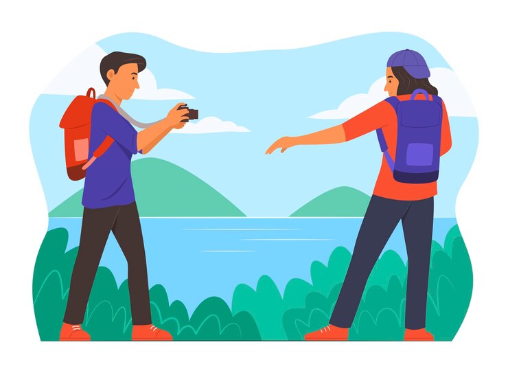 Vector young travelers enjoy taking photo with nature