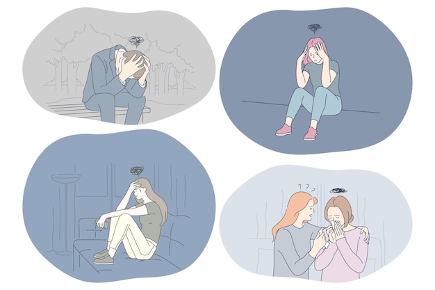 Young unhappy sad people getting support of friends