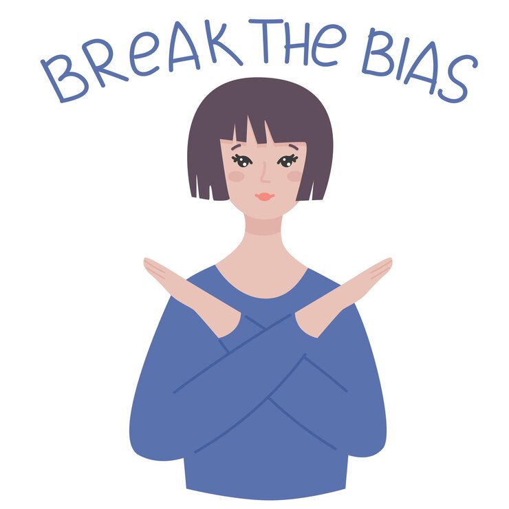 Vector young white woman gesturing break the bias in support of international women's day