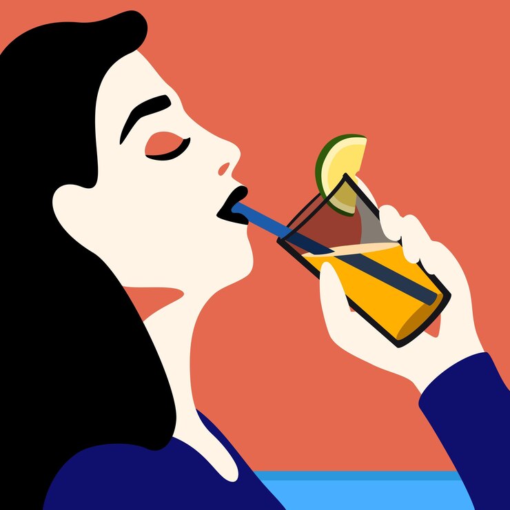 Vector young woman drinking cocktail apple juice on vacation vector minimalistic