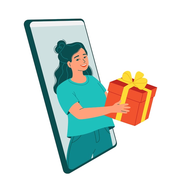 Young woman gives a virtual gift box using  app on smartphone.