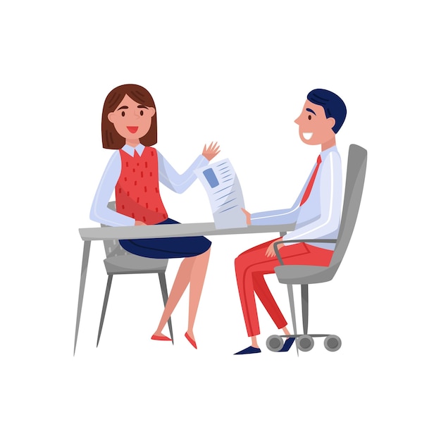 young woman having job interview with hr specialist jobseeker and employer sitting at the table and talking vector illustration on a white background