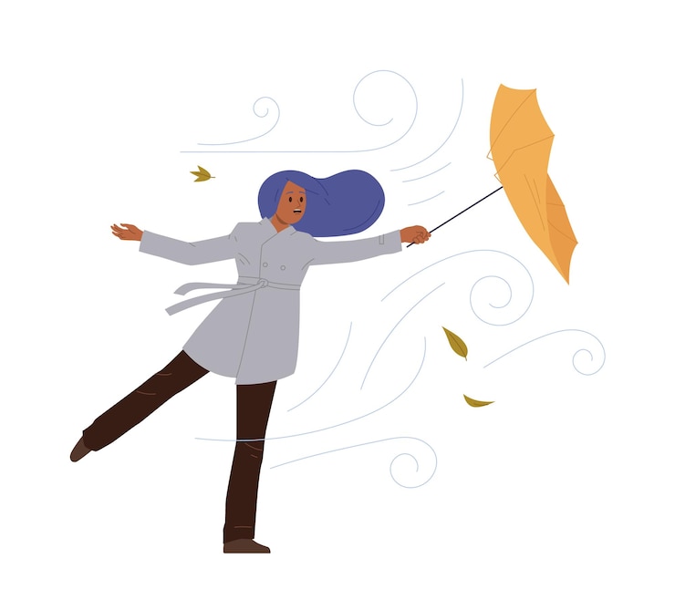 Vector young woman isolated cartoon character holding umbrella struggling with strong wind and hurricane