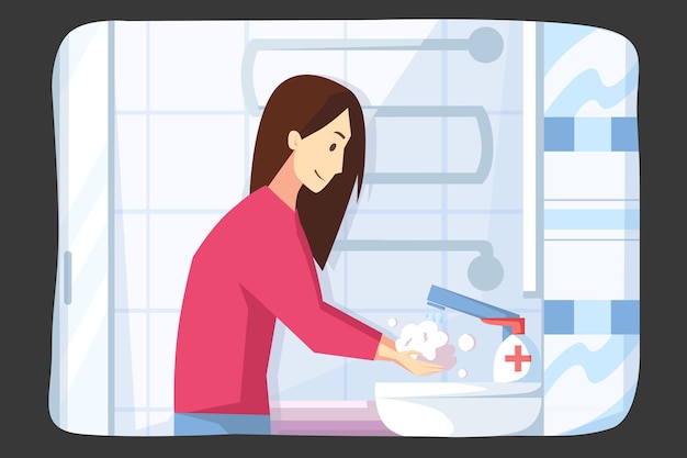 Young woman or girl washing hands with soap and sanitizer from covid19 infection