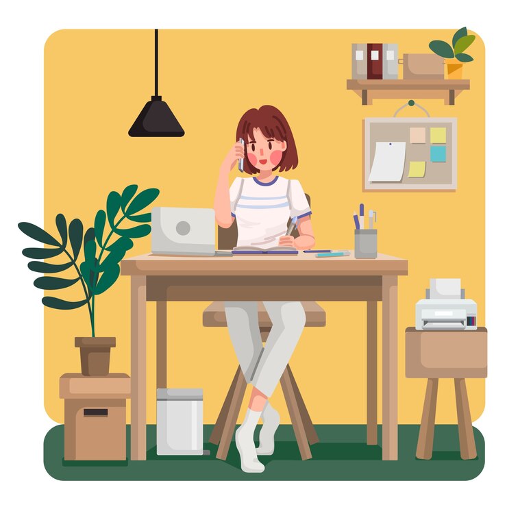 Vector young woman phone call with her teammate or colleagues talking and discussing about business working from home during virus epidemic