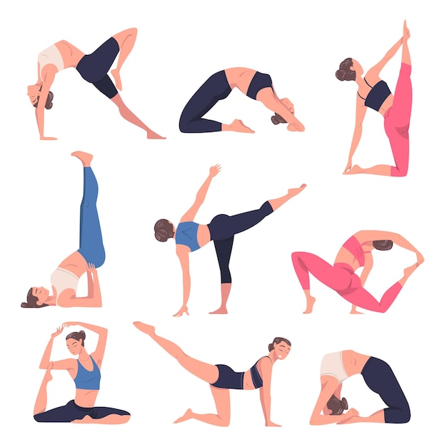 Young Woman Practicing Yoga Asanas Stretching Body Standing in Different Pose Vector Set