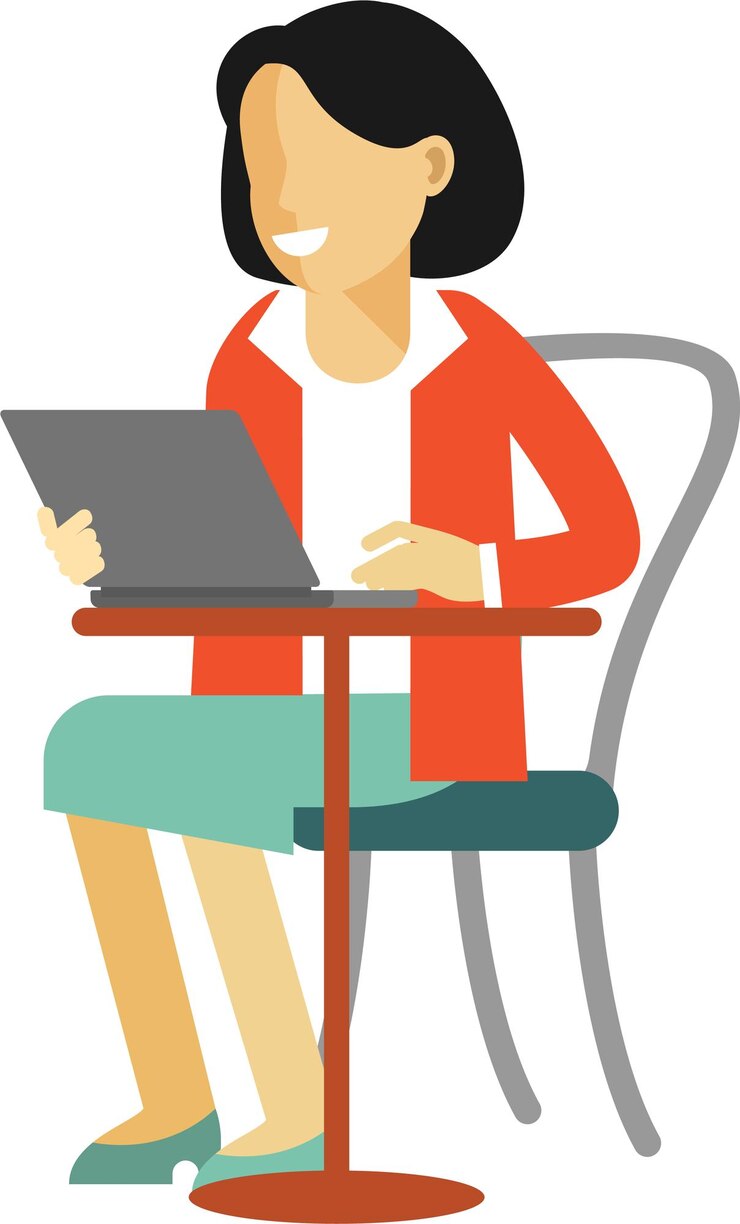 Vector young woman sitting in cafe at table and working studying with laptop