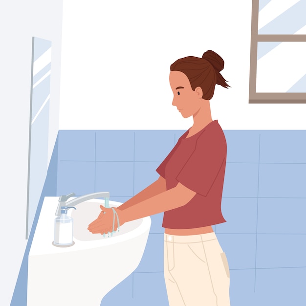 Young woman washing hands at home cleaning hand under running water in bathroom sink. Prevention against virus and infection. Hygiene concept. illustration in a flat style