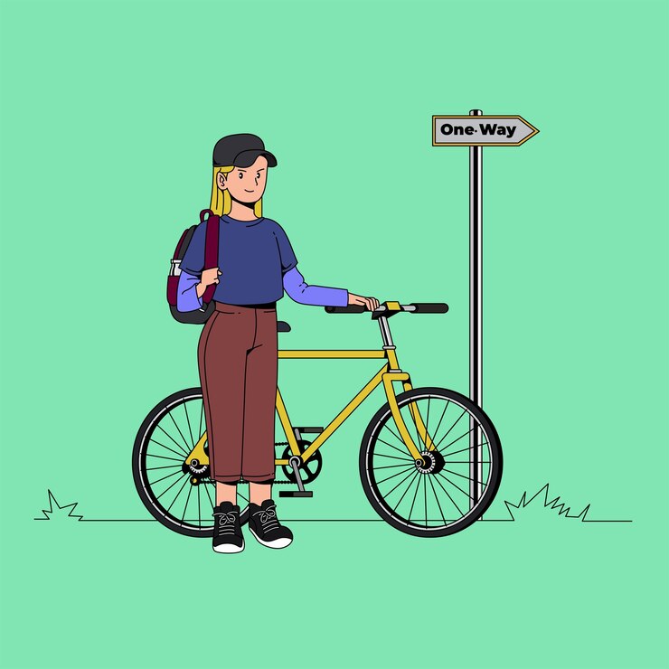 Young woman with her bycicle illustration