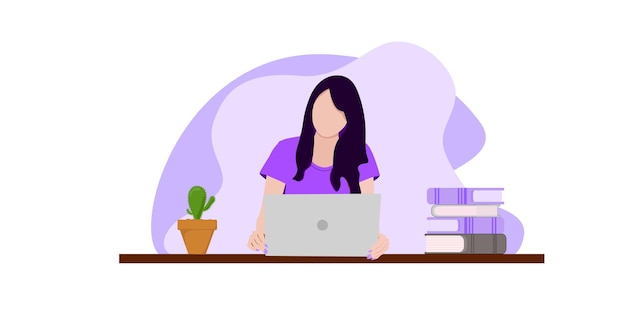 young woman with laptop at deskworking from home or afficeor freelancerbookcactuslaptop