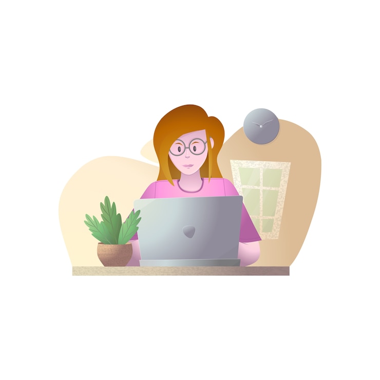 Vector young woman with laptop illustration, work from home illustration