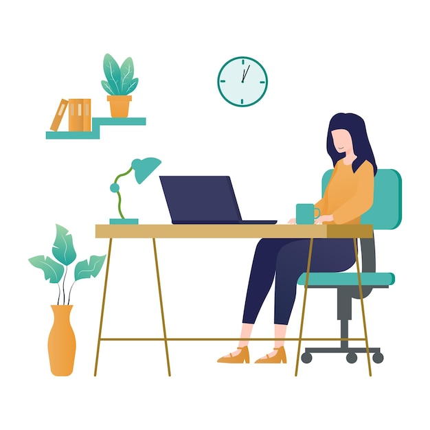 Young woman working at home Freelance work from home concept Vector illustration