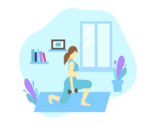 Young woman working out doing exercises at home on a mat on the floor in a healthy Daily Life concept vector cartoon illustration