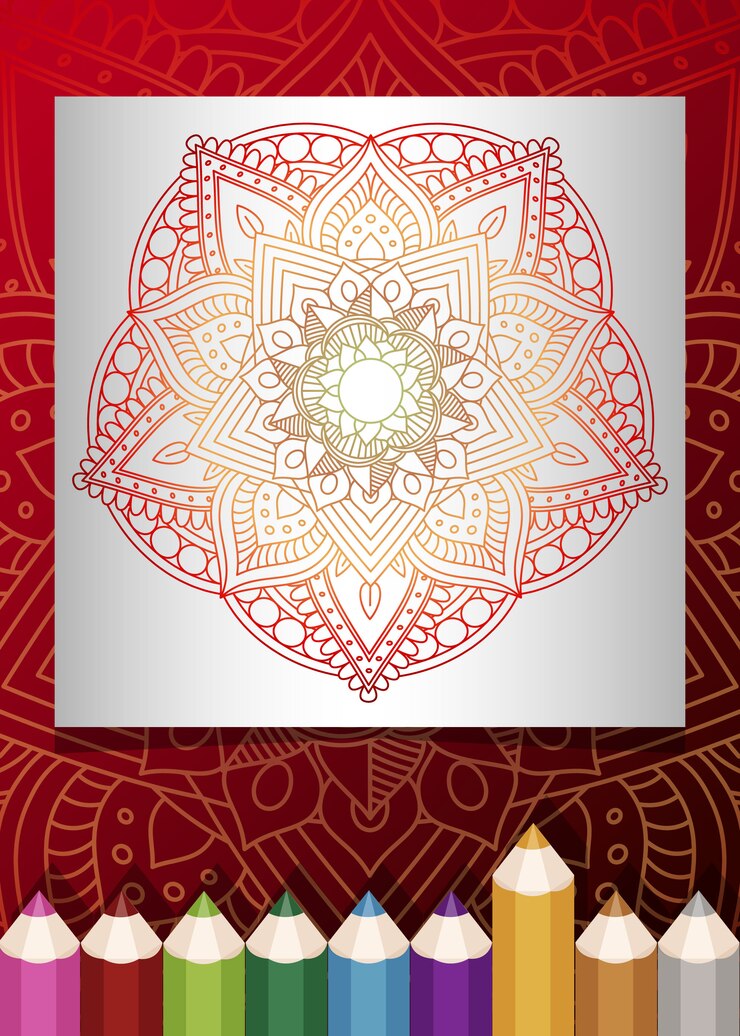 Vector zentangle mandala for adults relaxing coloring book color tone red background.