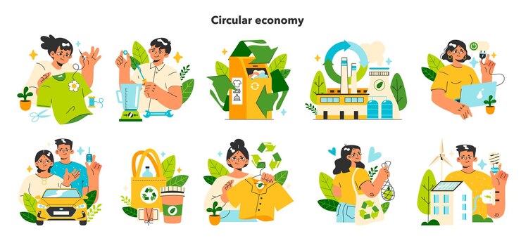 Vector zero waste and circular economy set upcycling or reuse of old stuff