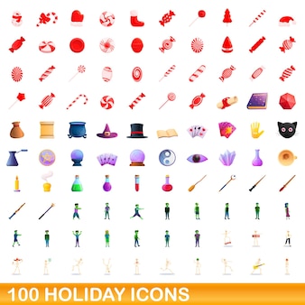100 urlaubssymbole festgelegt. karikaturillustration von 100 feiertagsikonen-vektorsatz lokalisiert auf weißem hintergrund