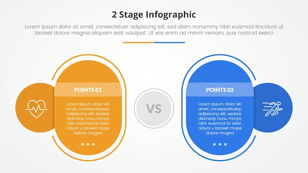 Kostenloser Vektor 2 punkte stufe vorlage für den vergleich gegenüber infografik konzept für folienpräsentation mit rundem rechteck kasten umriss kreis mit flachen stil