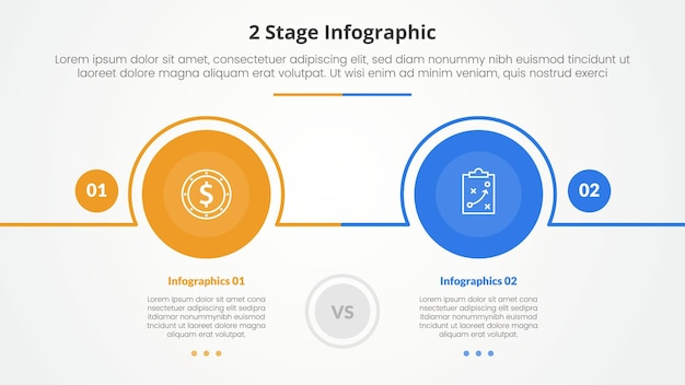 Kostenloser Vektor 2 punkte stufe vorlage zum vergleich gegenüber infografik konzept für folienpräsentation mit großem kreis kontur horizontal mit flachen stil