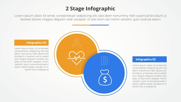 2 Punkte Stufe Vorlage zum Vergleich gegenüber Infografik Konzept für Folienpräsentation mit großem Kreis und Kasten Tabelle mit flachem Stil