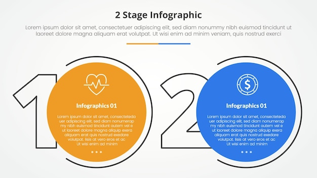 Kostenloser Vektor 2-punkte-stufenvorlage zum vergleich gegenüber infografik-konzept für folienpräsentation mit großer umrisszahl und kreis mit flachem stil