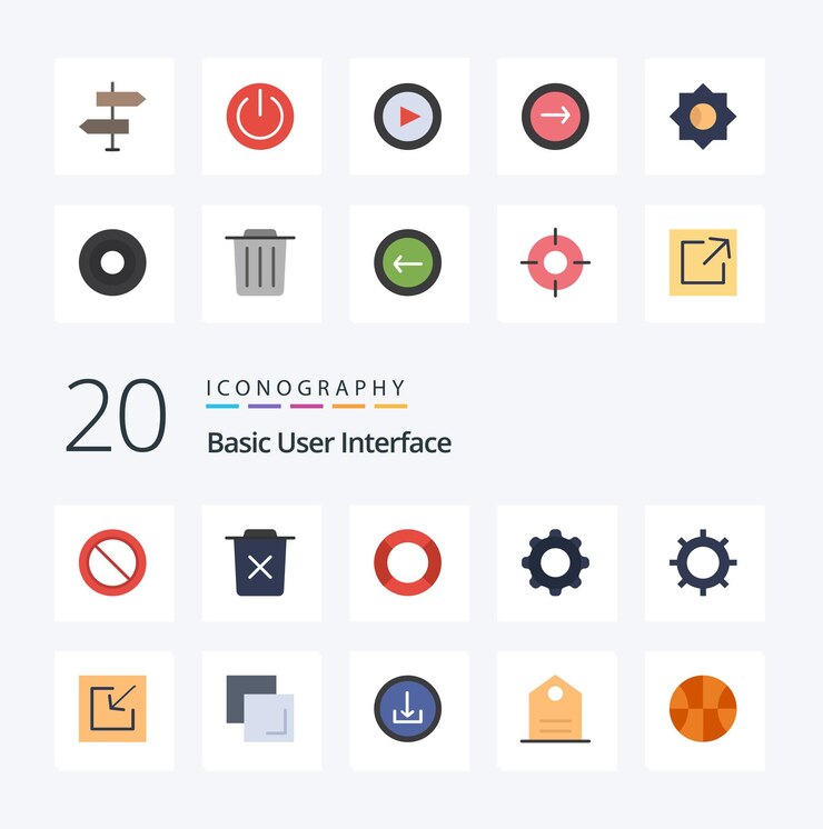 Kostenlose Vektor 20 basic flat color icon pack wie richtungspfeile papierkorbpfeil ui