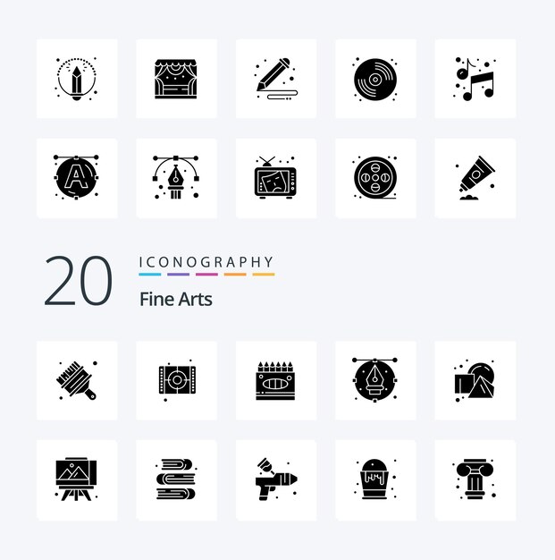 20 Fine Arts Solid Glyph Icon Pack wie Würfelstift Buntstifte Zeichnungskunst