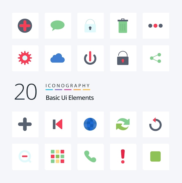 20 grundlegende Ui-Elemente flaches Farbsymbol Pack wie Suche drehen Start Internet neu laden