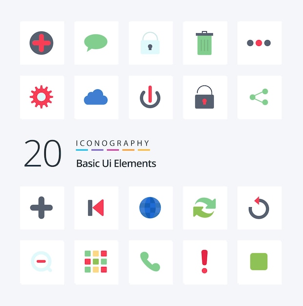Kostenloser Vektor 20 grundlegende ui-elemente flaches farbsymbol pack wie suche drehen start internet neu laden