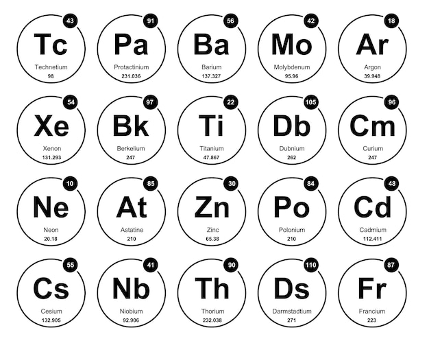 Kostenloser Vektor 20 präiodentafel der elemente icon pack design vector illustration