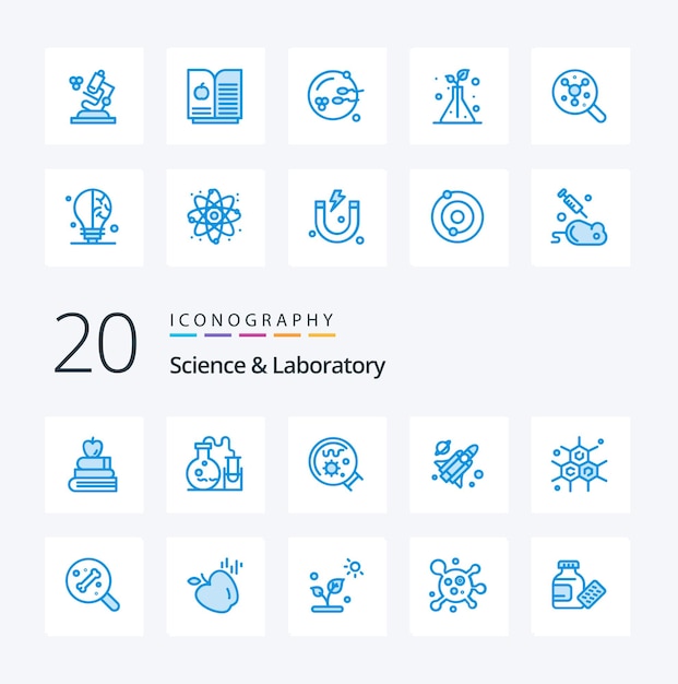 20 Science Blue Color Icon Pack wie Wissenschaftschemiker Keime Wissenschaftsfliege