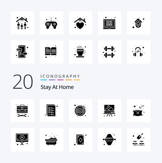 20 stay at home solid glyph icon pack wie relax art hobby malkunst
