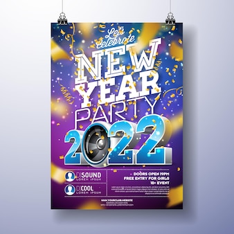 2022 new year party celebration poster template illustration mit 3d-zahlensprecher und konfetti