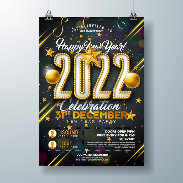 2022 new year party celebration poster vorlage mit glühbirnennummer und goldener weihnachtskugel