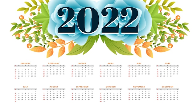 Kostenloser Vektor 2022 stilvolles blumen-neujahrskalenderdesign