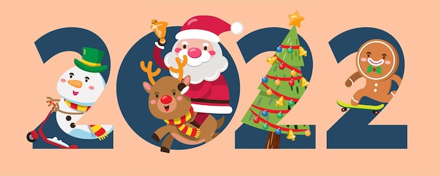 2022 winter-weihnachtsbaum mit weihnachtsmann und team schmücken den weihnachtsbaum. vektorillustrationsgestaltungselement für einladungskarte, party, neujahr, weihnachten, web, karten und publikationen