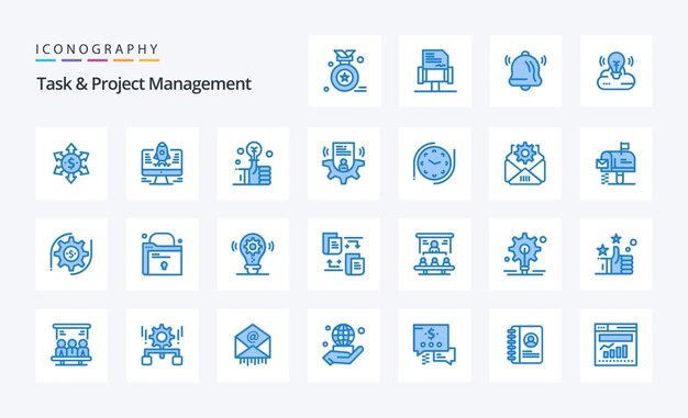 25 Aufgaben- und Projektmanagement Blaues Symbolpaket Illustration von Vektorsymbolen